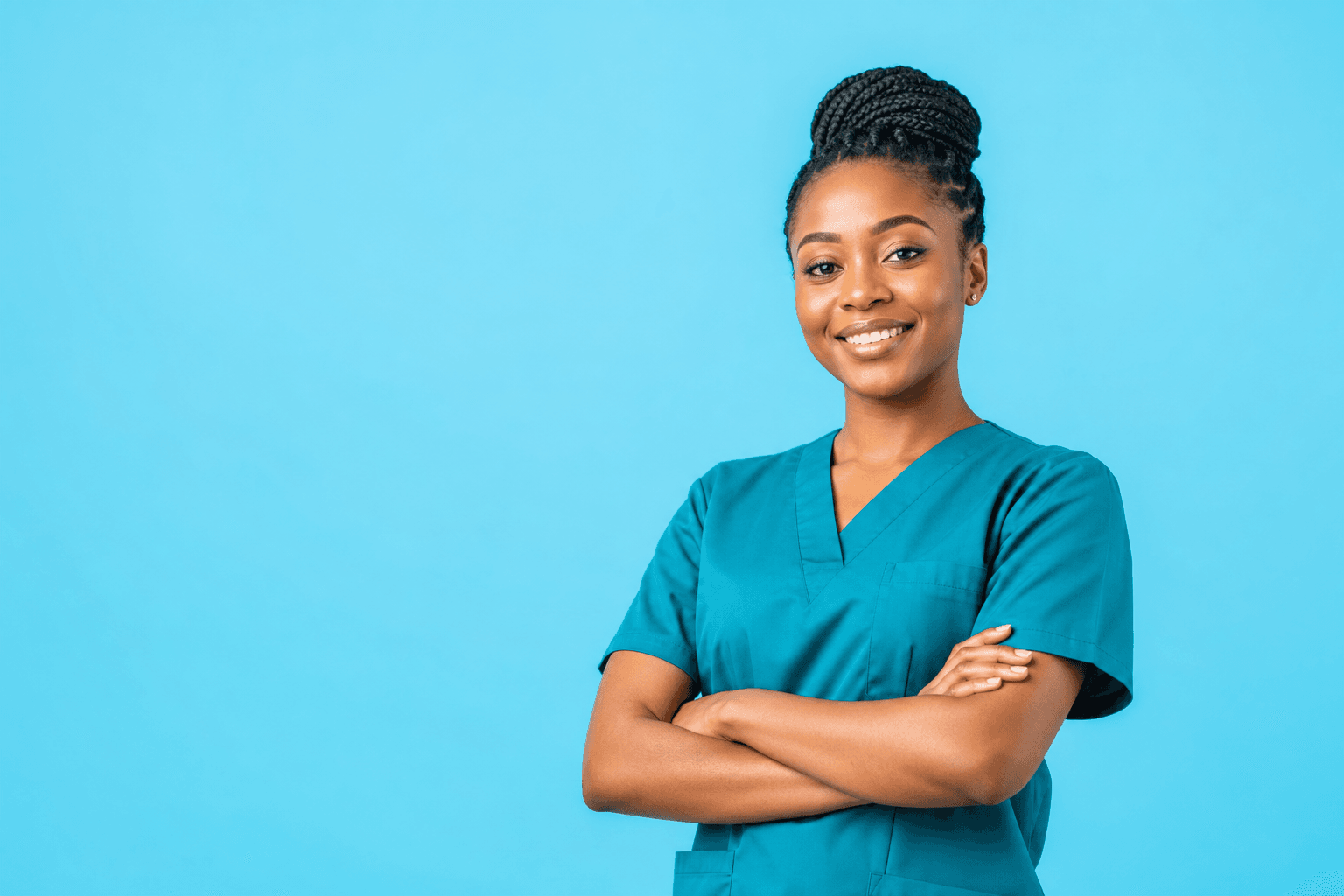 Confident healthcare professional in teal scrubs